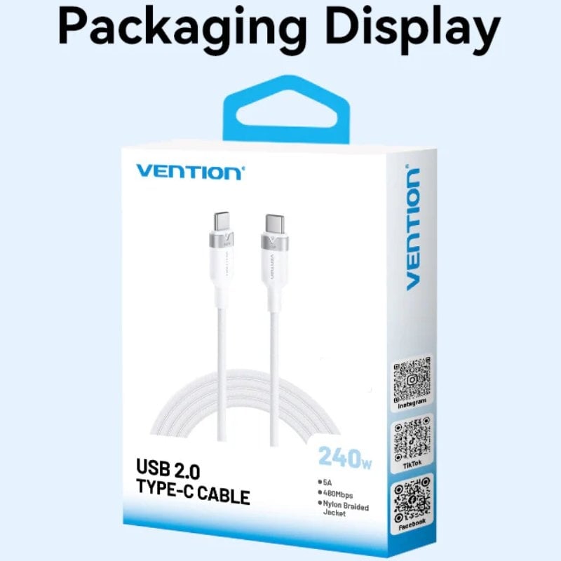 USB 2.0 Type-c 5A Vention TRIPH / USB Type-c Macho - USB Type-c Macho / Até 240W / 480mbps / 2m / R…
