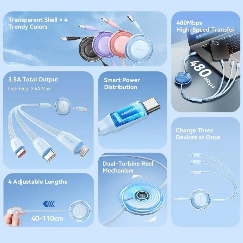 Cabo USB Retrátil Vention TRJBBE / USB Macho - Lightning / 2xusb Type-c / Até 17,5w / 10gbps / 1,1m…