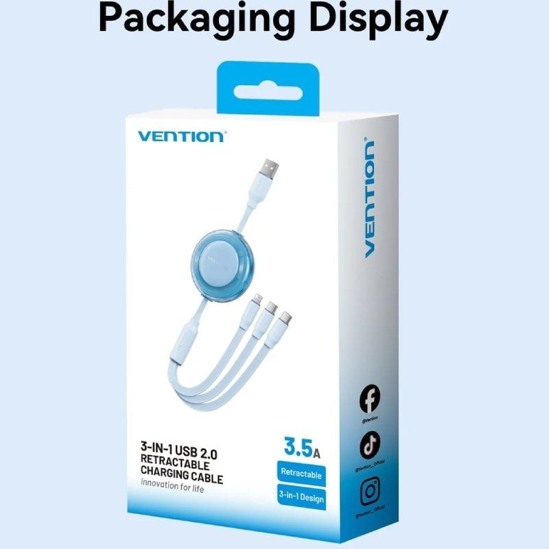 Cabo USB Retrátil Vention TRJBBE / USB Macho - Lightning / 2xusb Type-c / Até 17,5w / 10gbps / 1,1m…