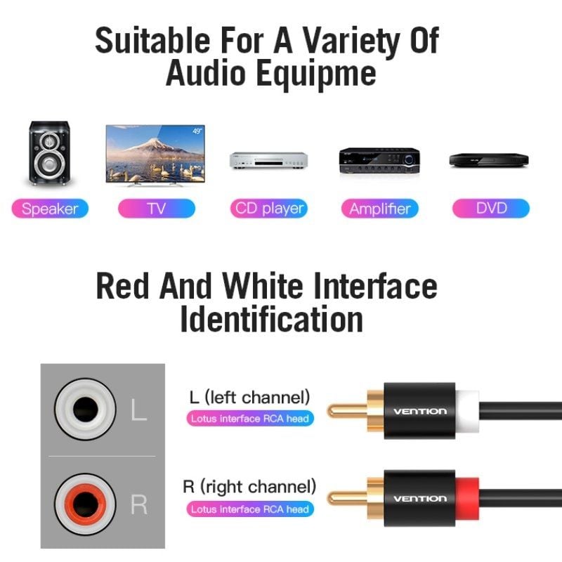 Cabo Estéreo Vention Vab-r06-b300 / 2x RCA Macho - 2x RCA Macho / 3m / Preto