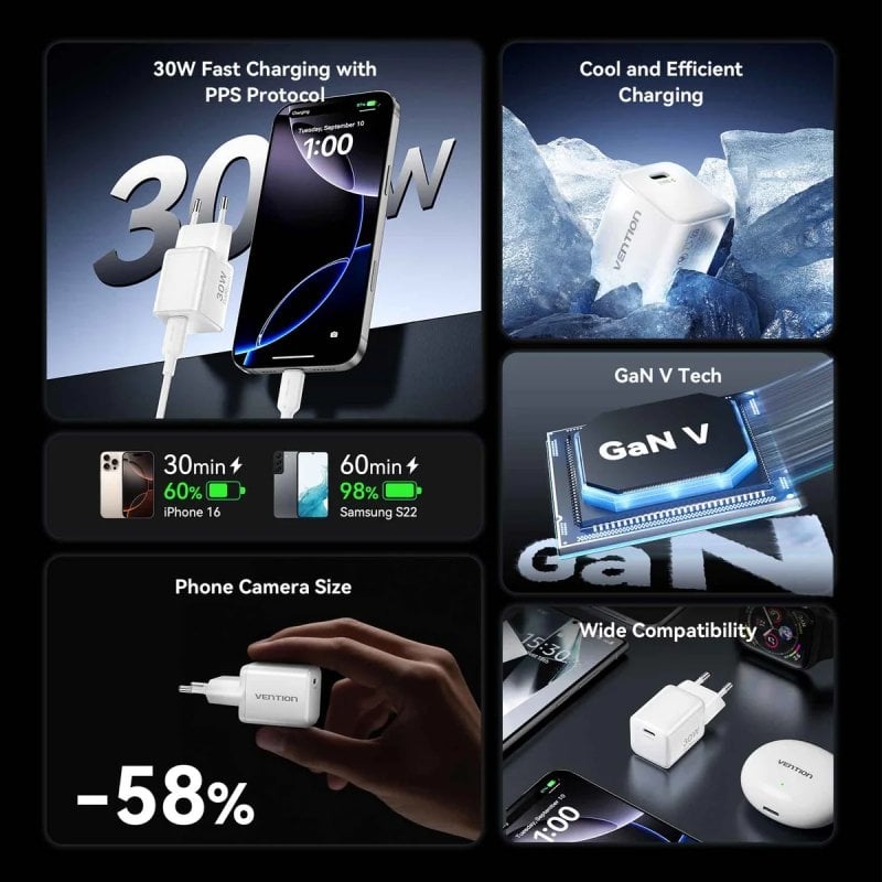 Carregador de Parede Gan Vention Fciw0-eu / 1xusb Type-c / 30W