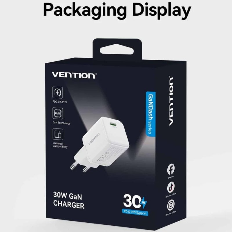 Carregador de Parede Gan Vention Fciw0-eu / 1xusb Type-c / 30W