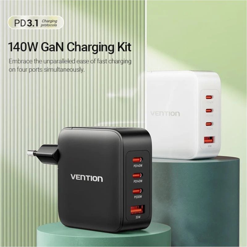 Carregador de Parede Gan Vention Feib0-eu / 3xusb Tipo C + Cabo USB Tipo C / 1xusb / 140W