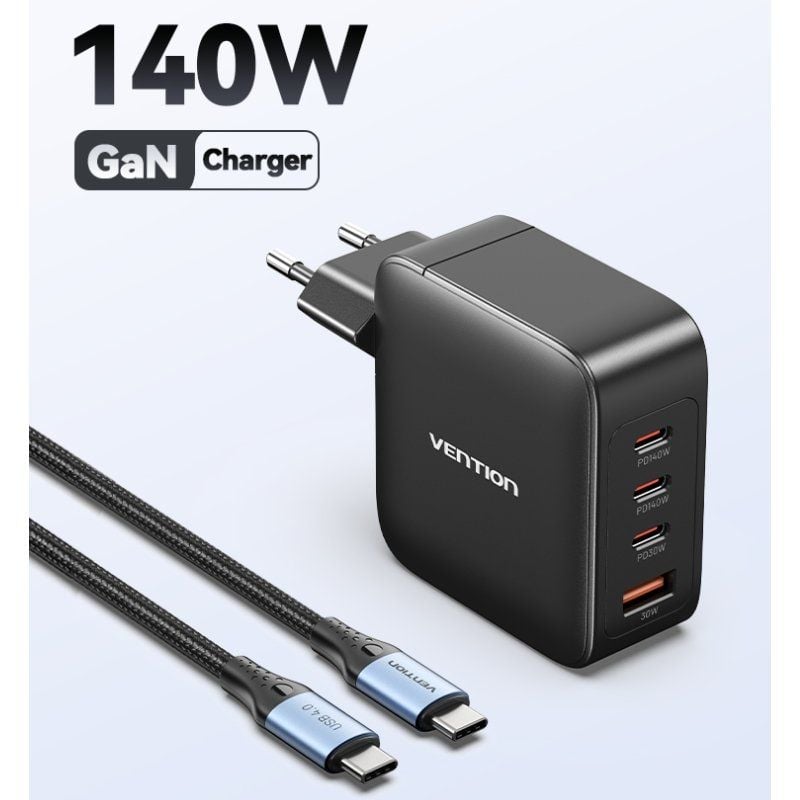 Carregador de Parede Gan Vention Feib0-eu / 3xusb Tipo C + Cabo USB Tipo C / 1xusb / 140W