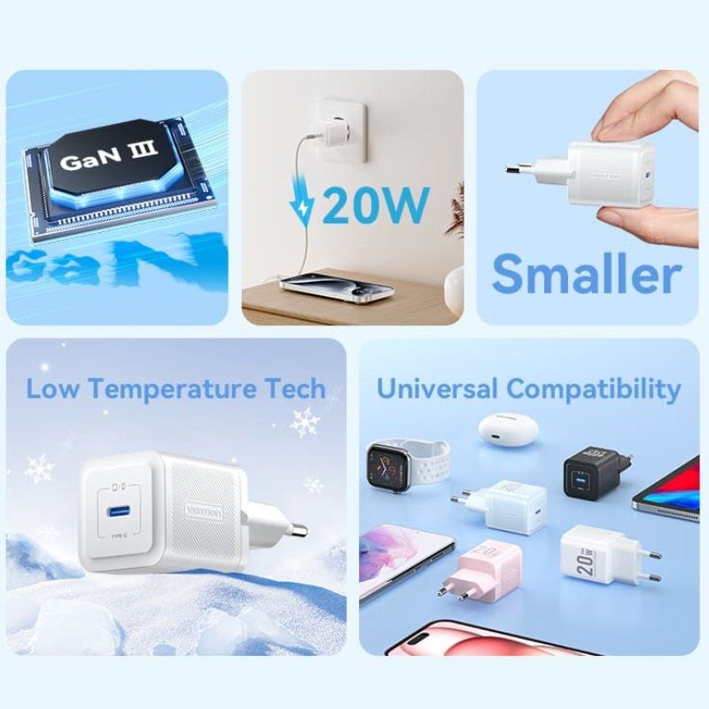 Carregador de Parede Gan Vention Fepb0-eu / 1xusb Type-c / 20W