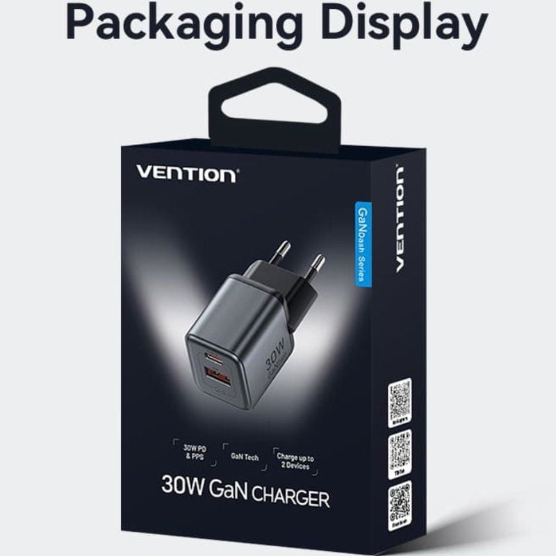 Carregador de Parede Gan Vention Fewh0-eu / 1xusb Type-c / 1xusb / 30W