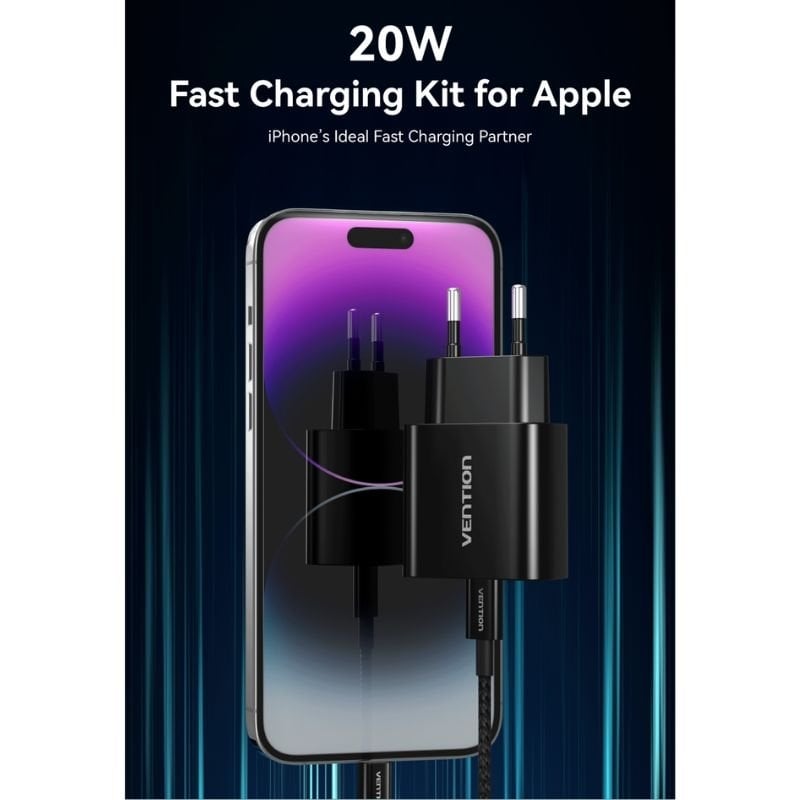 Carregador de Parede Vention G17b0-eu / 1xusb Type-c + Cabo Lightning / 20W