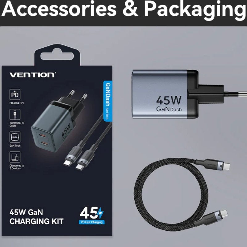 Carregador de Parede Gan Vention Tz-fcdh0-eu / 2xusb Type-c + Cabo USB Type-c / 45W