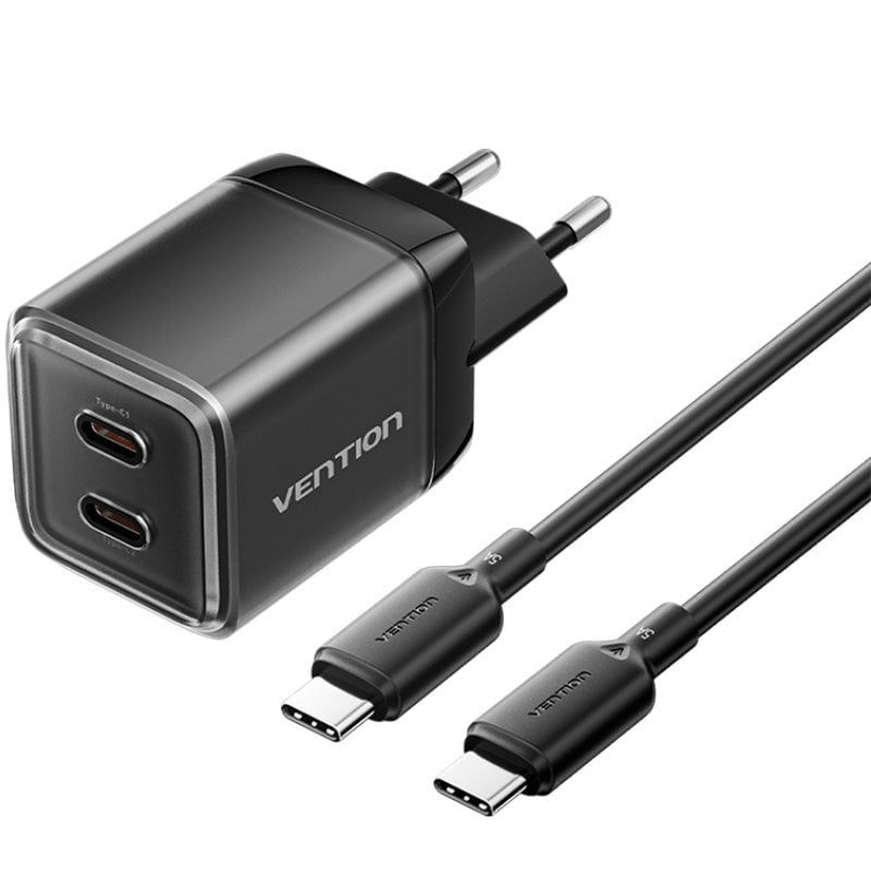 Carregador de Parede Gan Vention Tz-fcfb0-eu / 2xusb Type-c + Cabo USB Type-c / 45W