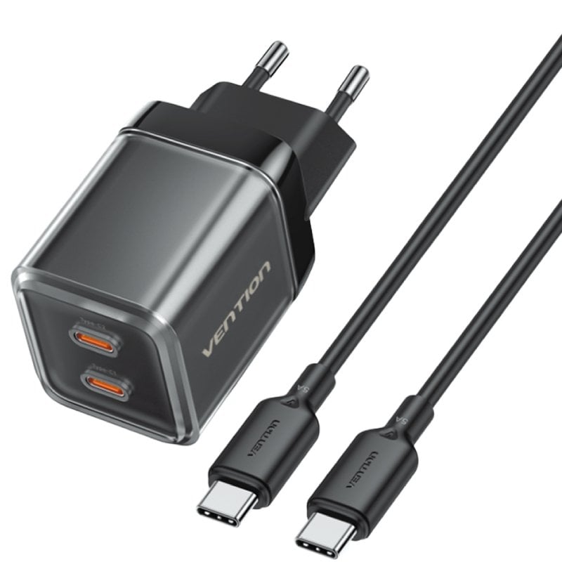 Carregador de Parede Gan Vention Tz-fcfb0-eu / 2xusb Type-c + Cabo USB Type-c / 45W
