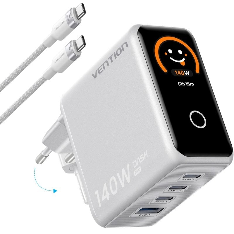 Carregador de Parede Gan Vention Tz-fcoi0-eu / 3 Portas USB Tipo C + Cabo USB Tipo C / 1 Porta USB…