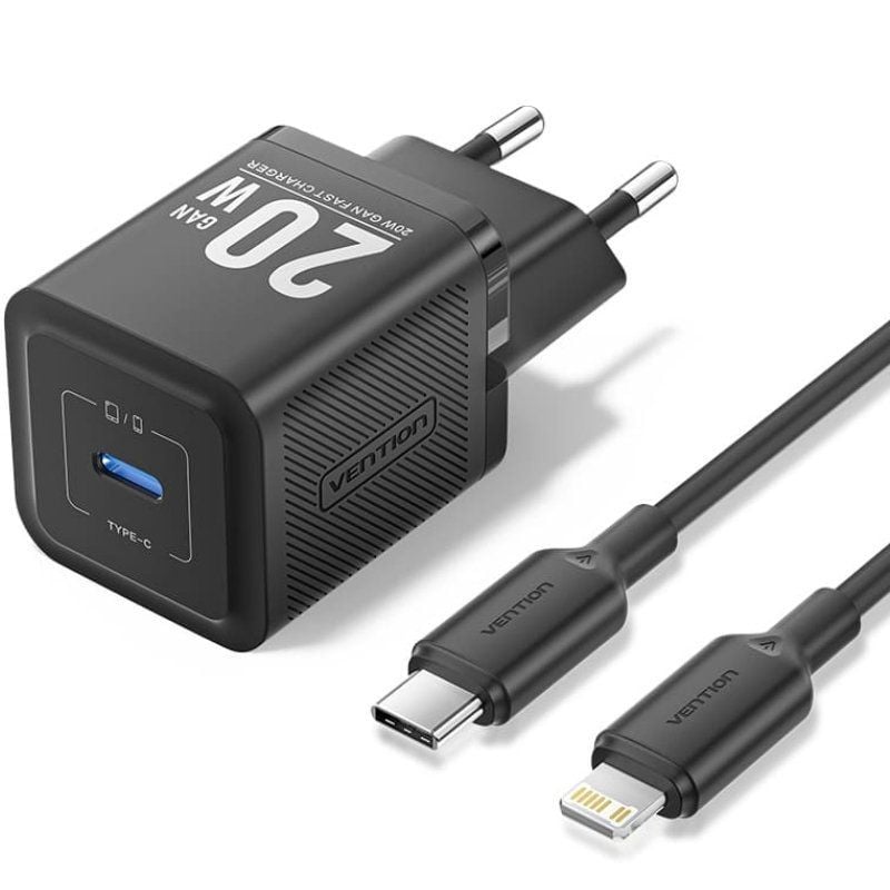 Carregador de Parede Gan Vention Tz-fepb0-eu-02 / 1xusb Type-c + Cabo Lightning / 20W