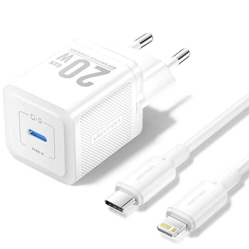 Carregador de Parede Gan Vention Tz-fepw0-eu-02 / 1xusb Type-c + Cabo Lightning / 20W