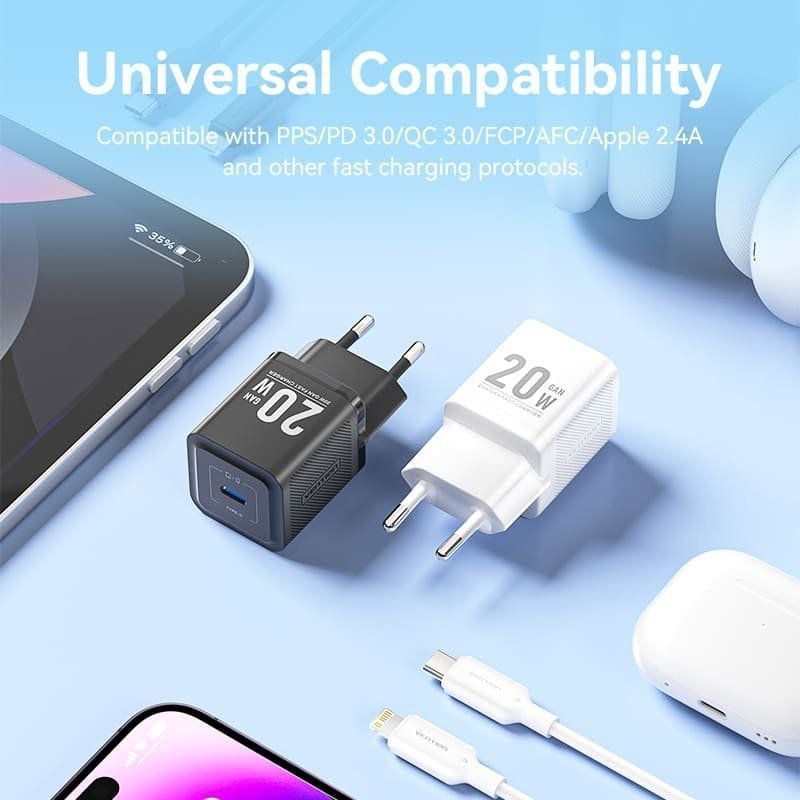 Carregador de Parede Gan Vention Tz-fepw0-eu-02 / 1xusb Type-c + Cabo Lightning / 20W
