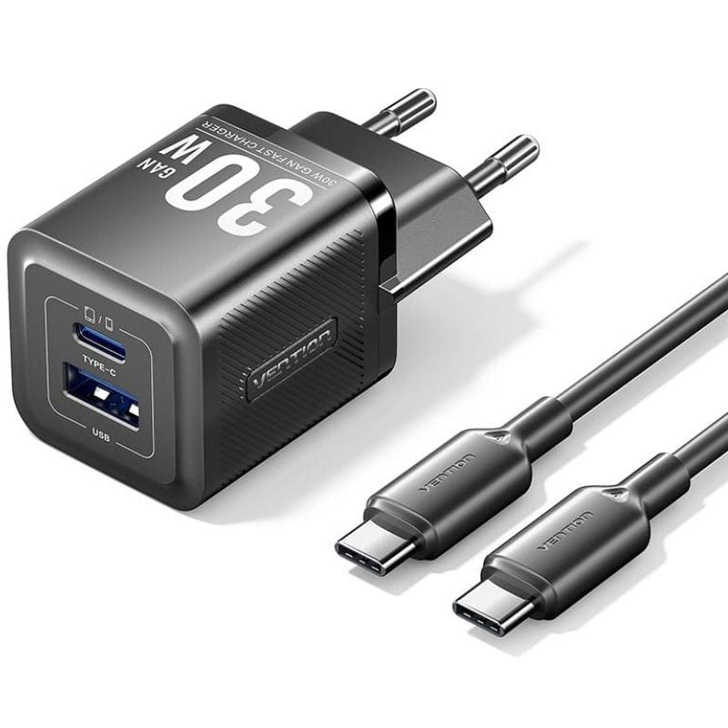 Carregador de Parede Gan Vention Tz-feqb0-eu-01 / 1xusb Type-c / 1xusb + Cabo USB Type-c / 30W