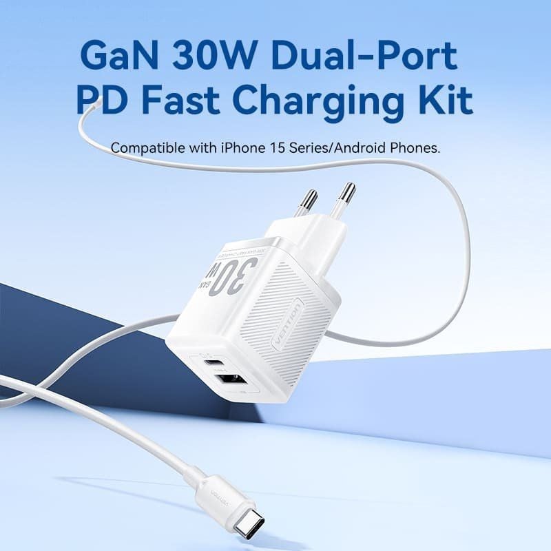 Carregador de Parede Gan Vention Tz-feqb0-eu-01 / 1xusb Type-c / 1xusb + Cabo USB Type-c / 30W
