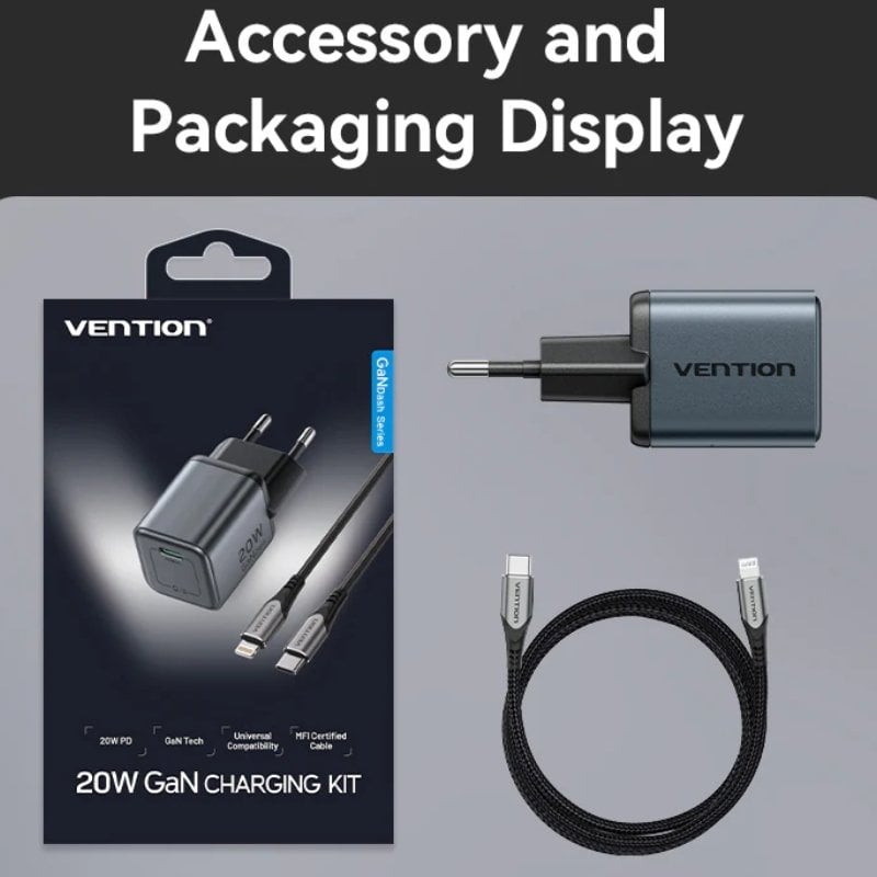 Carregador de Parede Gan Vention Tz-fevh0-eu / 1xusb Type-c + Cabo Lightning / 20W
