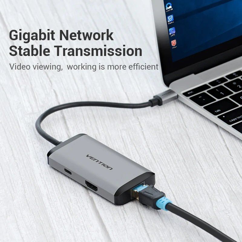 Base de Ligação USB Tipo C Vention CNCHB / 1xhdmi 4K / 3xusb / 1xusb Tipo C PD / 1xrj45 / Cinzento