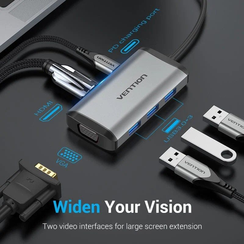 Base de Ligação USB Type-c Vention TGSHB / 3xusb / 1xhdmi 4K / 1xvga / 1xusb Type-c PD / Cinzento