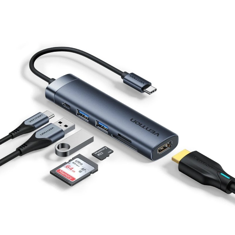 Base de Ligação USB Tipo C Vention THJHB / 1xhdmi 4K / 2xusb / 1xusb Tipo C PD / Cinzento