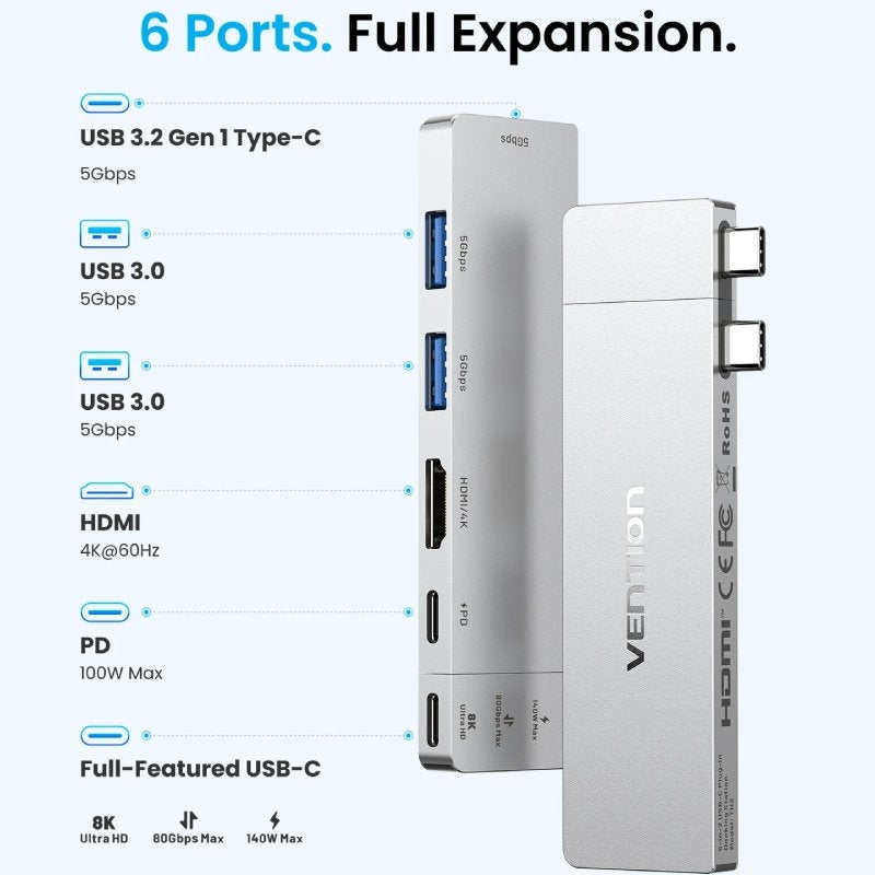 Base de Ligação USB Tipo C Vention THZH0 / 1xhdmi 4K / 2xusb / 2xusb Tipo C / 1xthunderbolt / 1xusb…