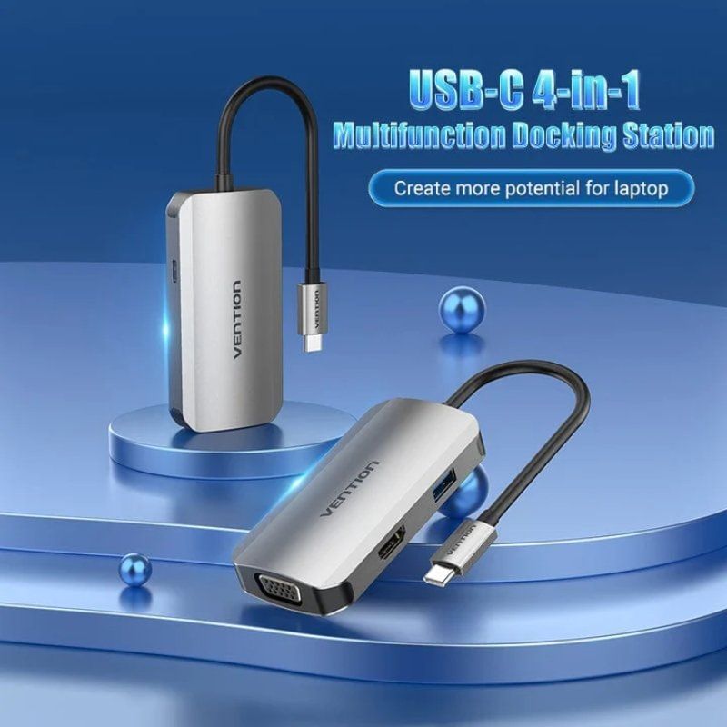 Base de Ligação USB Tipo C Vention TOAHB / 1xhdmi 4K / 1xvga / 1xusb / 1xusb Tipo C PD / Cinzento