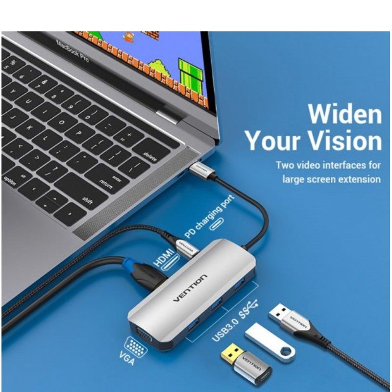 Base de Ligação USB Tipo C Vention TOIHB / 1xhdmi 4K / 1xvga / 3xusb / 1xusb Tipo C PD / Cinzento