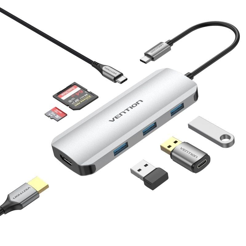 Base de Ligação USB Tipo C Vention TOJHB / 1xhdmi 4K / 3xusb / 1xusb Tipo C / 1xleitor de Cartões /…