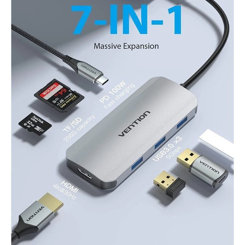 Base de Ligação USB Tipo C Vention TOJHB / 1xhdmi 4K / 3xusb / 1xusb Tipo C / 1xleitor de Cartões /…