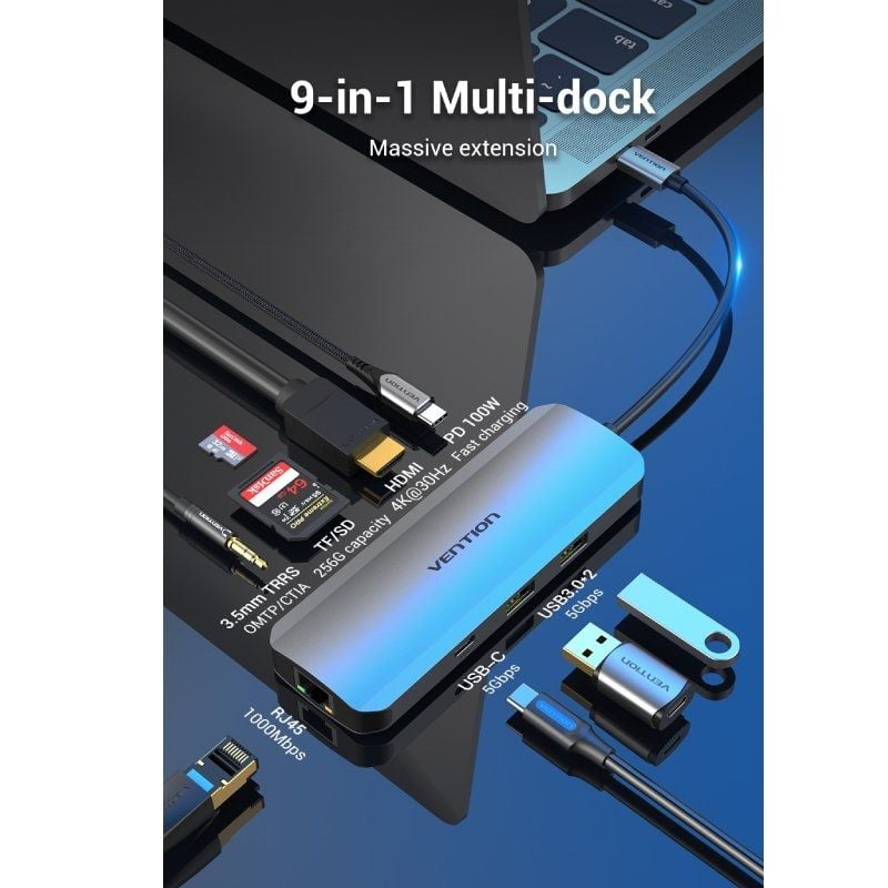 Base de Ligação USB Type-c Vention TOMHB / 1xhdmi 4K / 2xusb / 1xusb Type-c / 1xusb Type-c PD / 1xr…