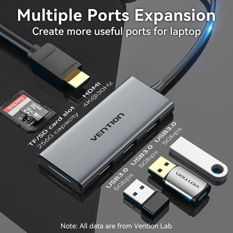 Base de Ligação USB Type-c Vention TOOHB / 1xhdmi 4K / 3xusb / 1xleitor de Cartões / Cinzento