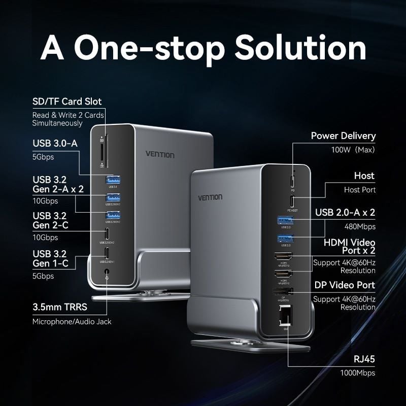 Base de Ligação USB Type-c Vention TPUH0 / 2xhdmi 4K / 1xdisplayport / 3xusb Type-c / 5xusb / 1xrj4…