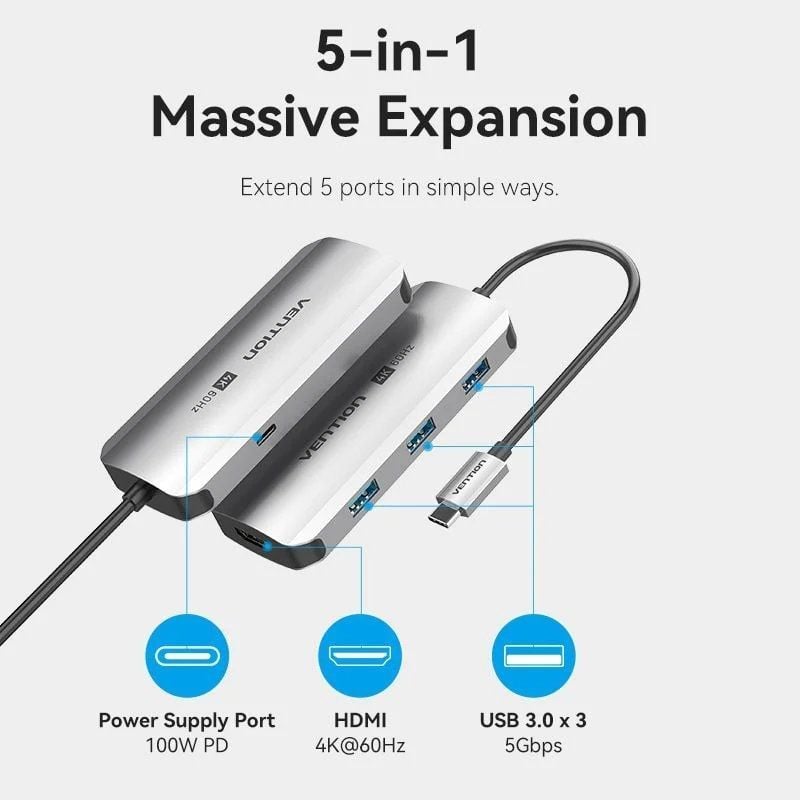 Base de Ligação USB Tipo C Vention TQDHB / 1xhdmi 4K / 3xusb / 1xusb Tipo C PD / Cinzento