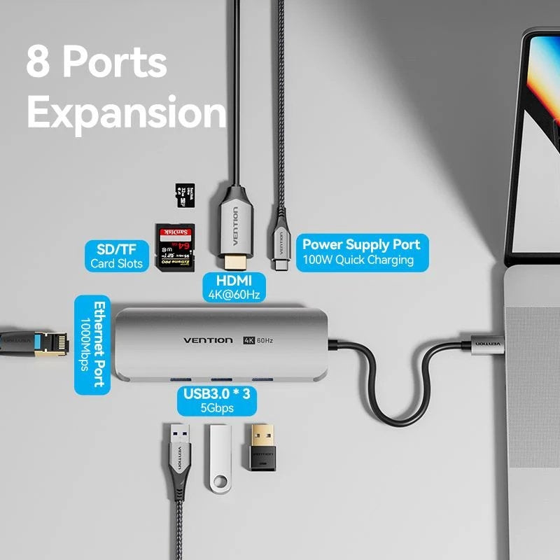 Base de Ligação USB Type-c Vention TQKHB / 1xhdmi 4K / 3xusb / 1xusb Type-c PD / 1xrj45 / 1xleitor…