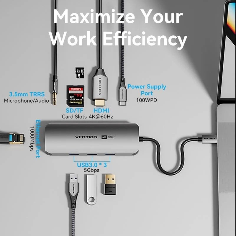 Base de Ligação USB Tipo C Vention TQLHB / 1xhdmi 4K / 3xusb / 1xusb Tipo C PD / 1xrj45 / 1xjack 3,…