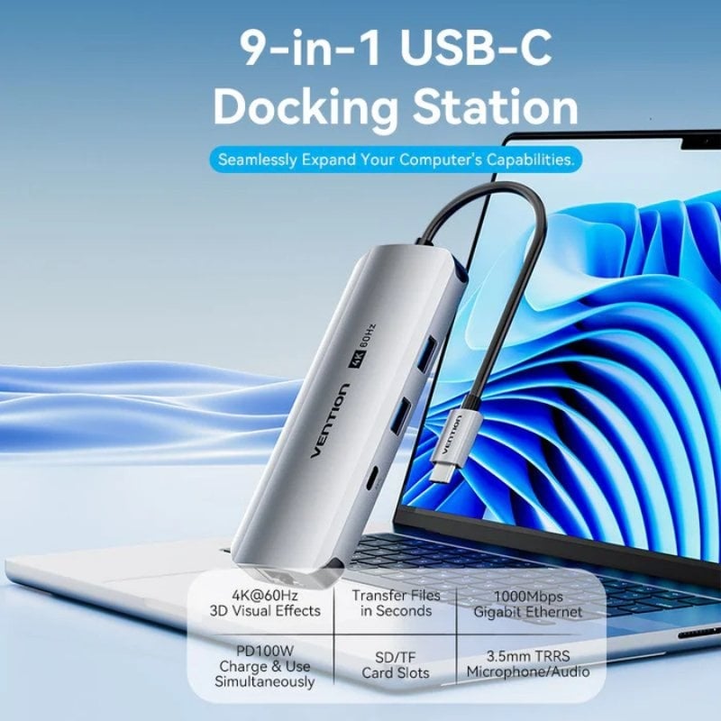 Base de Ligação USB Tipo C Vention TQMHB / 1xhdmi 4K / 2xusb / 1xusb Tipo C / 1xjack 3,5mm / 1xrj45…