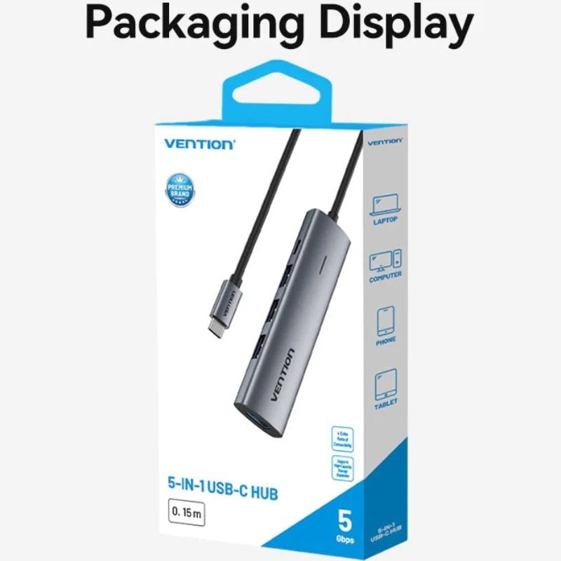 Hub USB Tipo C 3.0 Vention TGZHB / 3xusb / 1xusb Tipo C PD / Cinzento