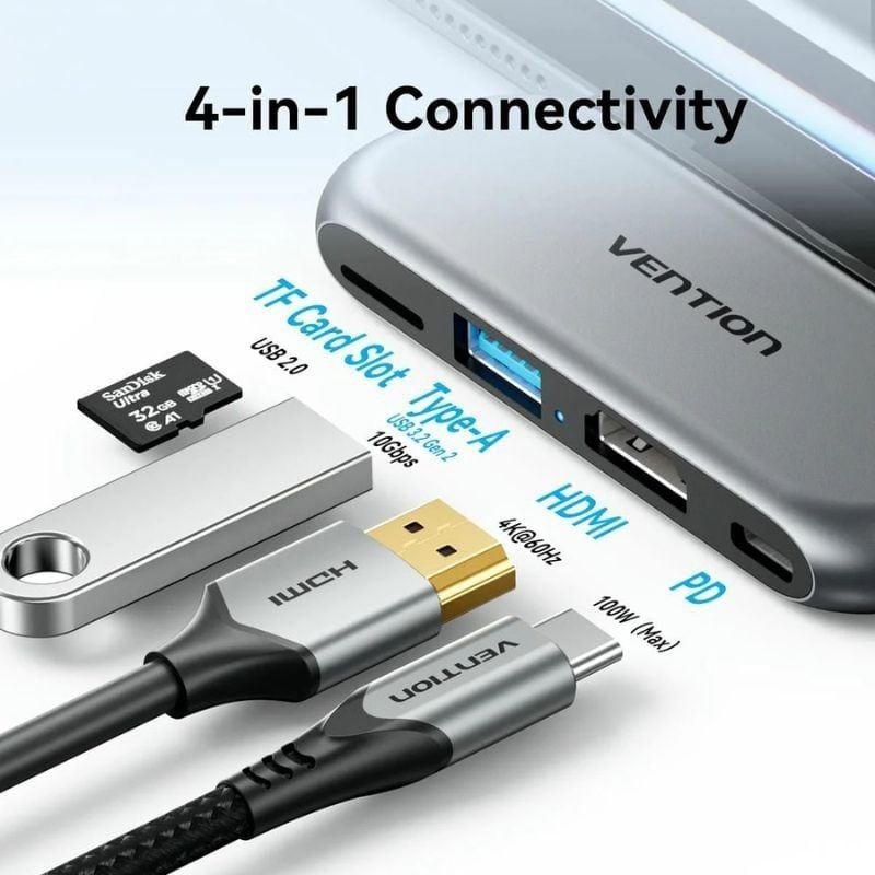 USB Type-c Vention THYH0 / 1xusb / 1xhdmi / 1xusb Type-c PD / 1xleitor de Cartões / Cinzento