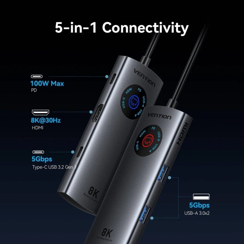Base de Ligação USB Tipo C Vention TQXHB / 2xusb / 1xusb Tipo C / 1xhdmi / 1xusb Tipo C PD / Cinzen…