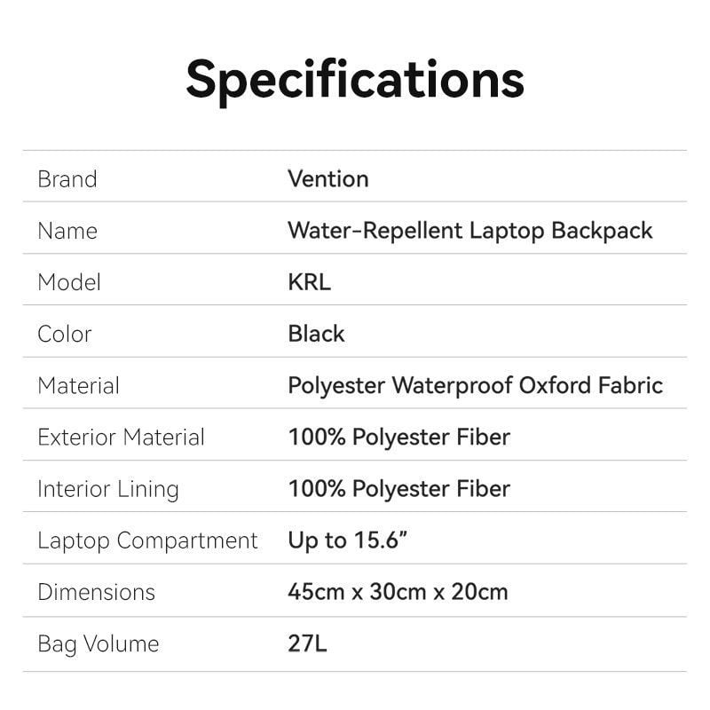Mochila para Portátil Vention KRLB0 para Computadores Portáteis Até 15,6" / À Prova de Água / Preto