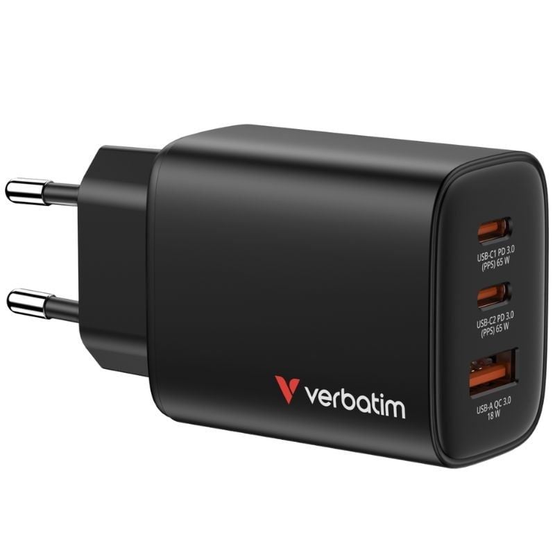 Carregador de Parede Gan Verbatim Essentials / 2xusb Type-c / 1xusb / 65W
