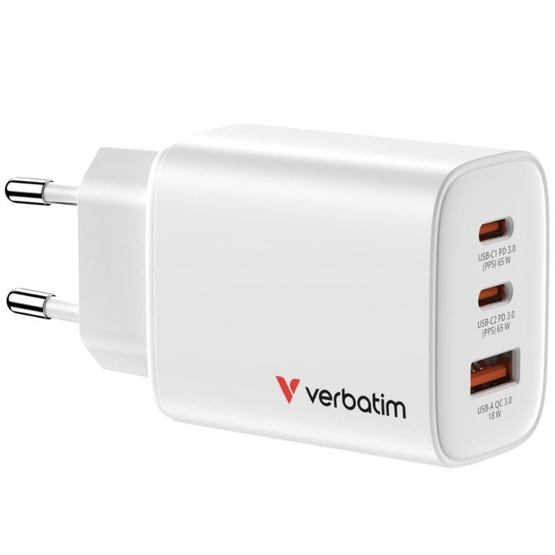 Carregador de Parede Gan Verbatim Essentials / 2xusb Type-c / 1xusb / 65W
