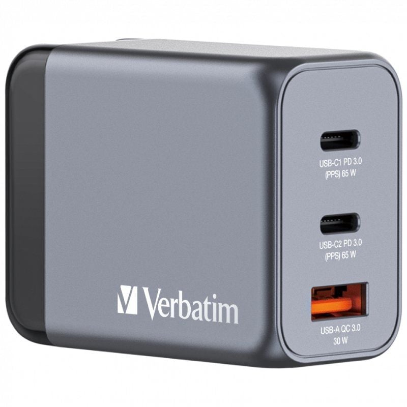 Carregador de Parede Universal de Viagem Verbatim Gnc-65 Gan / 2xusb Tipo C / 1xusb / 65W