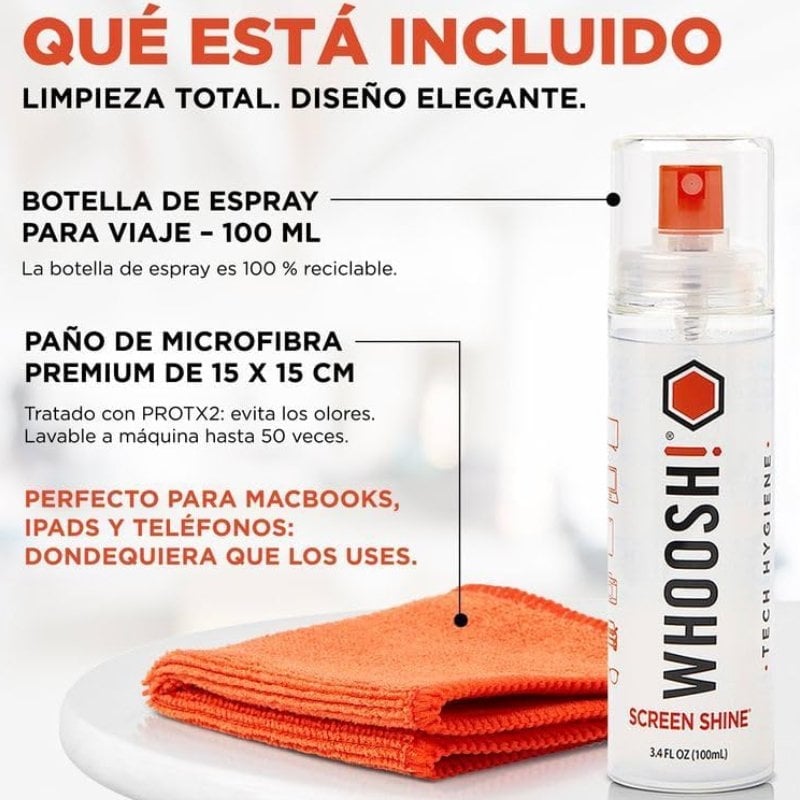 Kit de Limpeza de Ecrãs Whoosh Kit GO XL WSH003 / Spray de 100 Ml + Pano de Microfibra