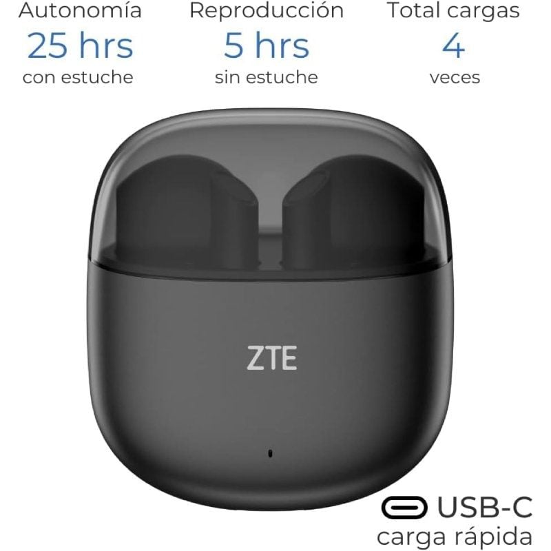 Auscultadores Bluetooth ZTE Buds 2 com Estojo de Carregamento / 5h de Autonomia / Preto