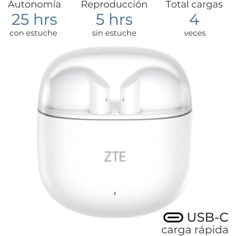 Auscultadores Bluetooth ZTE Buds 2 com Estojo de Carregamento / 5h de Autonomia / Branco